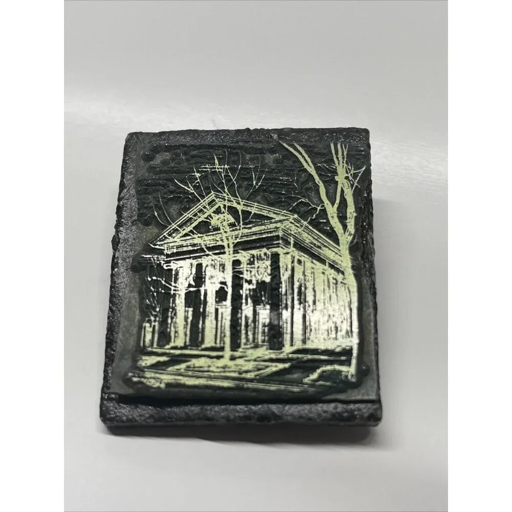 Vintage Handmade Mausoleum Trees Brooch Pin Slate Gold & Black Colored Graveyard